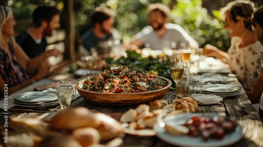 Wall mural an outdoor family gathering around a rustic wooden table filled with an array of delicious food, cap