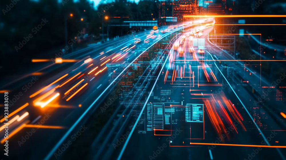 Poster high-speed traffic on a modern highway at night with digital data overlay representing technology an