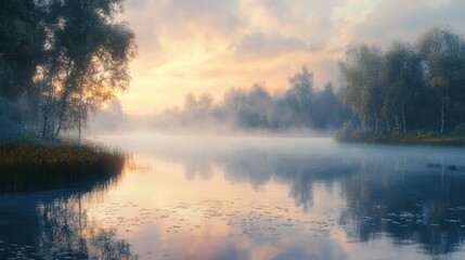 Obraz premium beautiful sunrise on a lake surrounded by forest with fog