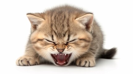Fototapeta premium Cute fierce angry kitten kitty threatening with open mouth isolated on white, adorable unhappy brown tabby kitty cat, funny pet animal portrait.