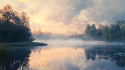Fototapeta premium beautiful sunrise on a lake surrounded by forest with fog
