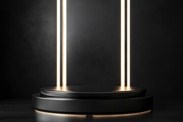 Futuristic dark podium with light and reflection background , ai