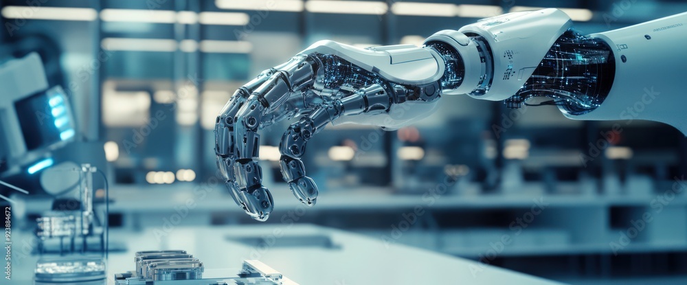 Aufkleber closeup of a robotic arm with a metallic hand, extending over a lab bench, against a blurry backdrop