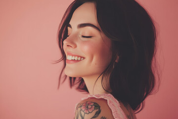 A close up of a woman's face with tattoos and her eyes closed
