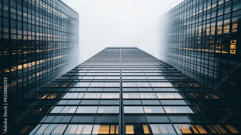 Poster High-rise office building with a minimalist design featuring a glass and steel exterior and open spaces. 