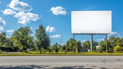 Large billboard background in a suburban area with a clear blue sky, green trees, and a quiet road in the foreground.