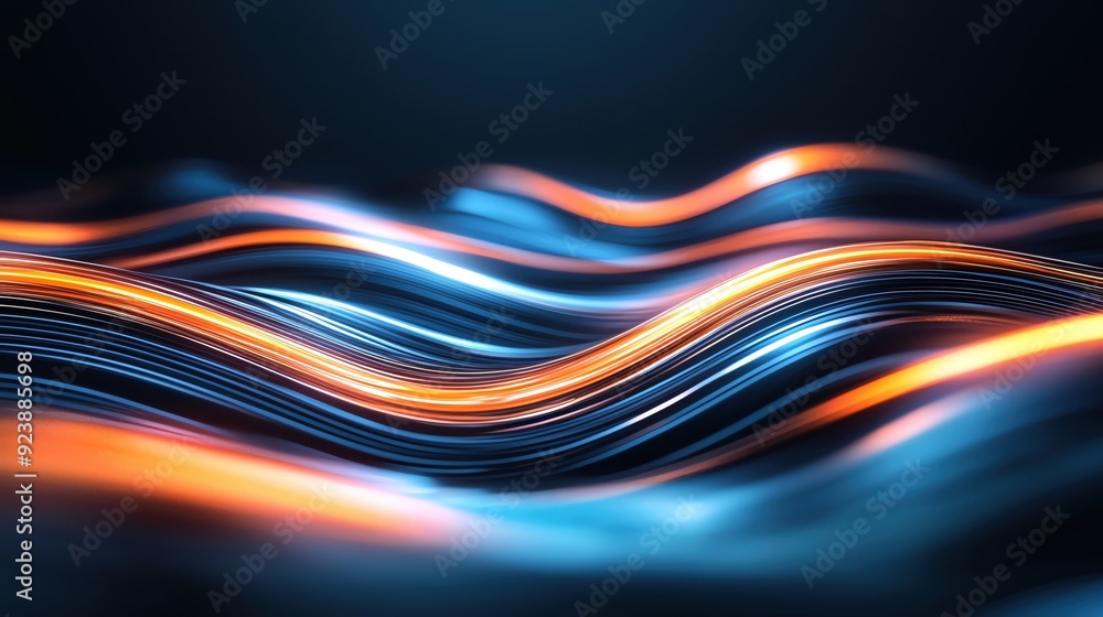 Poster a dynamic interplay of flowing waves in blue and orange hues, creating a vibrant and abstract digita