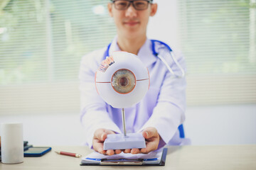 An ophthalmologist explains eye diseases using an eye model at an examination table in a hospital...