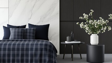 A stylish bedroom design showcases black and grey elements, modern furniture, a marble wall, and greenery for a sophisticated masculine aesthetic