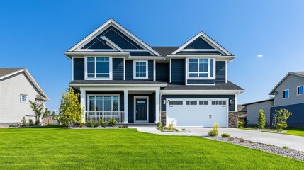 Newly built suburban homes with front lawns