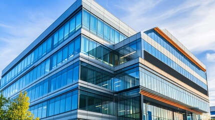 Fototapeta premium Stylish office building with a blend of glass and metal surfaces, showcasing a modern architectural design.