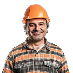 Smiling construction worker wearing an orange hard hat and plaid shirt, posing confidently against a white background.