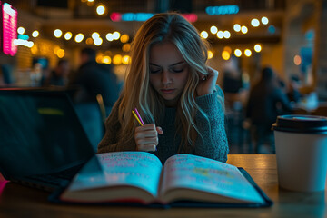 Fototapeta premium Focused Woman Studying in a Cafe
