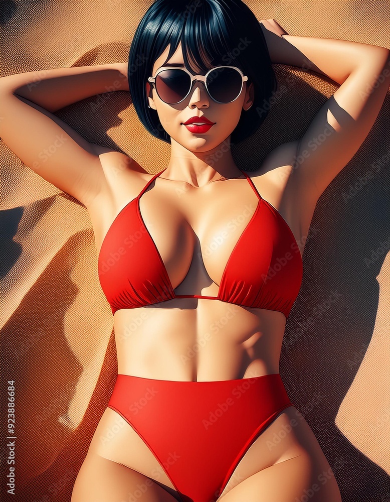 Poster brunette woman wearing red bikini sunbathing and relaxing on the beach