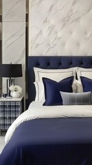 A stylish bedroom design showcases black and grey elements, modern furniture, a marble wall, and greenery for a sophisticated masculine aesthetic