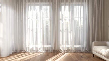 Translucent white curtains in morning light near window for interior decoration