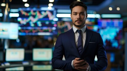 A financial anchor delivers market updates, stock insights, and economic trends to viewers.