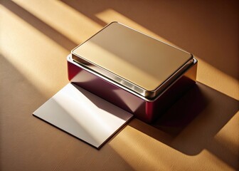 Luxurious metal box centered on a warm beige and burgundy background, surrounded by crisp white business cards, casting a sophisticated shadow, exuding professionalism and elegance.