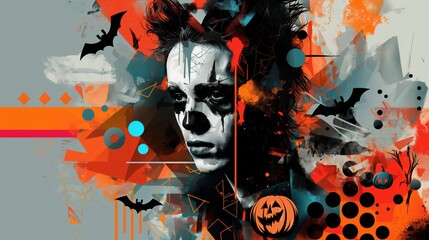  Abstract digital artwork featuring a Halloween-themed portrait with bats and a jack-o'-lantern, blended with bold geometric shapes and vivid colors.