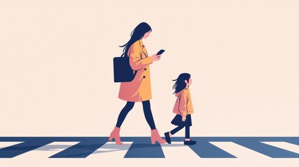 Flat design of a mother walking across the white lines of a crosswalk with her child, holding a mobile phone in one hand and carrying a shopping bag over her shoulder