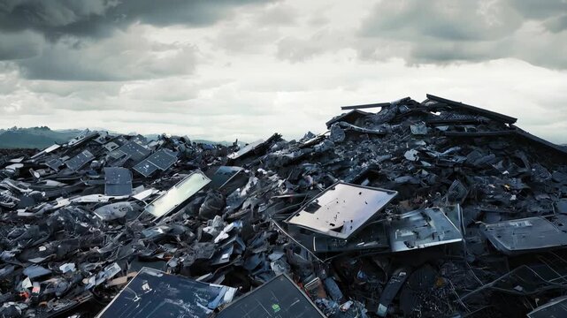 Discarded solar panels in massive e-waste pile showing environmental impact