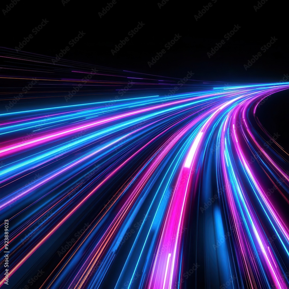 Poster dynamic display of neon futuristic light lines streaking across a black background