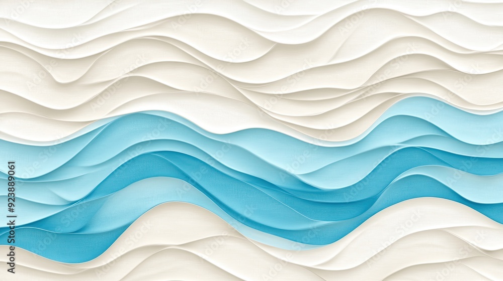 Poster the design features graceful waves of white and blue with a textured appearance, creating a calming 