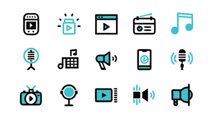 Set of audio and video line icons, including a microphone, a music note, a loudspeaker, and a play button.