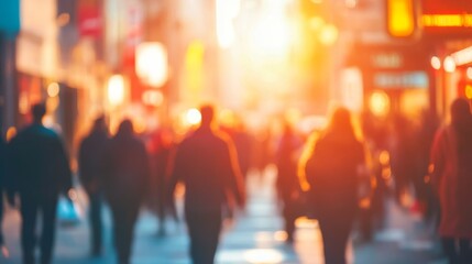 Pedestrians on a lively street with a blurry background