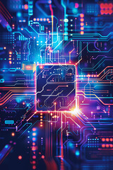 Abstract digital circuit board representation with neon light effect background
