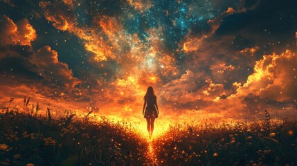 Fototapeta premium A girl walking on a path of light leading towards a heavenly horizon