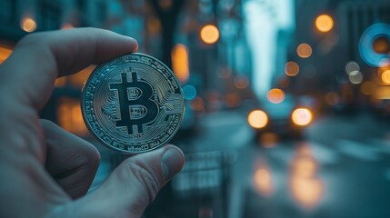 A person holds a Bitcoin coin, symbolizing the rise of cryptocurrencies in modern finance.
