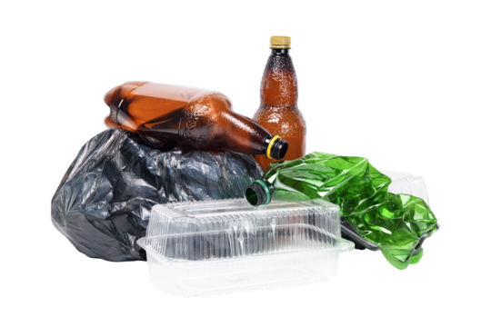 Garbage bag and plastic bottles isolated on white background.Garbage and trash sorted by plastic, e-waste, metal, glass and paper. Ecology and green energy ... 