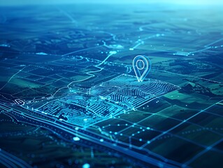 Overhead View of Prosperous Rural Development with Location Pin on Technical Blueprint Style Map