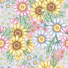 Seamless pattern that has been drawn is a daisy flower, dahlia flower, Rudbeckia flower, for use in destroying patterns on fabric and paper and so