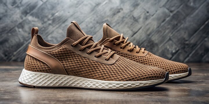 Macro side view of elastic brown mesh fabric trainers, showcasing intricate lacing details on a textured background, highlighting the footwear's woven textile design.