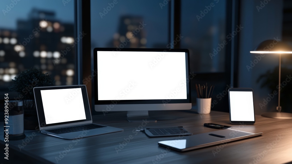 Poster High-tech setup monitor laptop tablet smartphone with ample copy space