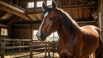 Fototapeta premium Brown horse standing in stable, light streaming in 