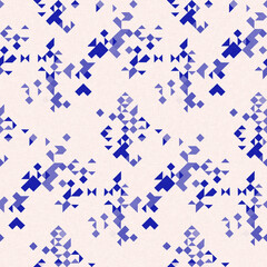 Faded electric blue glitch geo washed effect seamless pattern. Indigo dye grungy blotched distress abstract background texture repeat. 