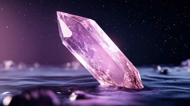 A glowing kunzite crystal emitting a soft pink radiance