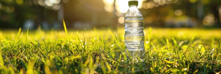 Clear water in a transparent bottle placed on a vibrant green lawn under bright sunlight. Vertical image featuring a single object.