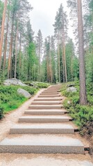 Obraz premium A winding path through a tranquil mountain setting invites exploration, bordered by vibrant pine trees and smooth stones