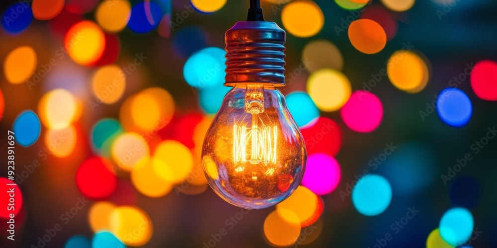 Poster this image showcases a closeup of a glowing edison bulb against a vibrant bokeh backdrop, creating a
