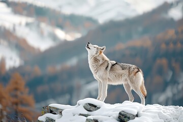 Obraz premium A wolf howling at the northern lights, representing the wild spirit and the power of nature.