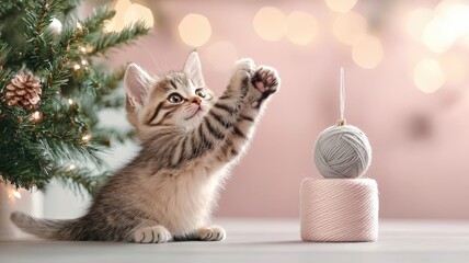 Playful kitten batting at gray yarn ball ornament on miniature Christmas tree.