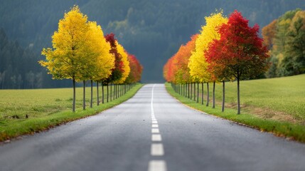 Obraz premium A row of trees with leaves of different colors, including yellow, orange