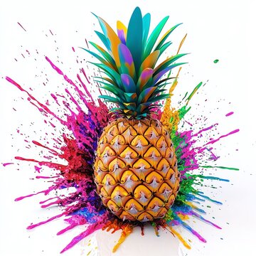 Vibrant pineapple with colorful paint splashes, creating a lively and artistic visual perfect for tropical themes.