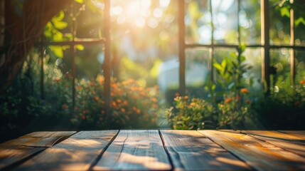 Obraz premium Garden view through blurred light from wood table and window