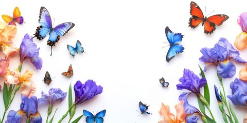 Fototapeta premium This stunning arrangement of colorful butterflies and beautiful irises adds elegance to projects. Its ideal for nature lovers, creating a joyful atmosphere filled with charm and inspiration