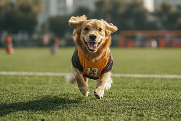 Joyful Golden Retriever in Sports Jersey